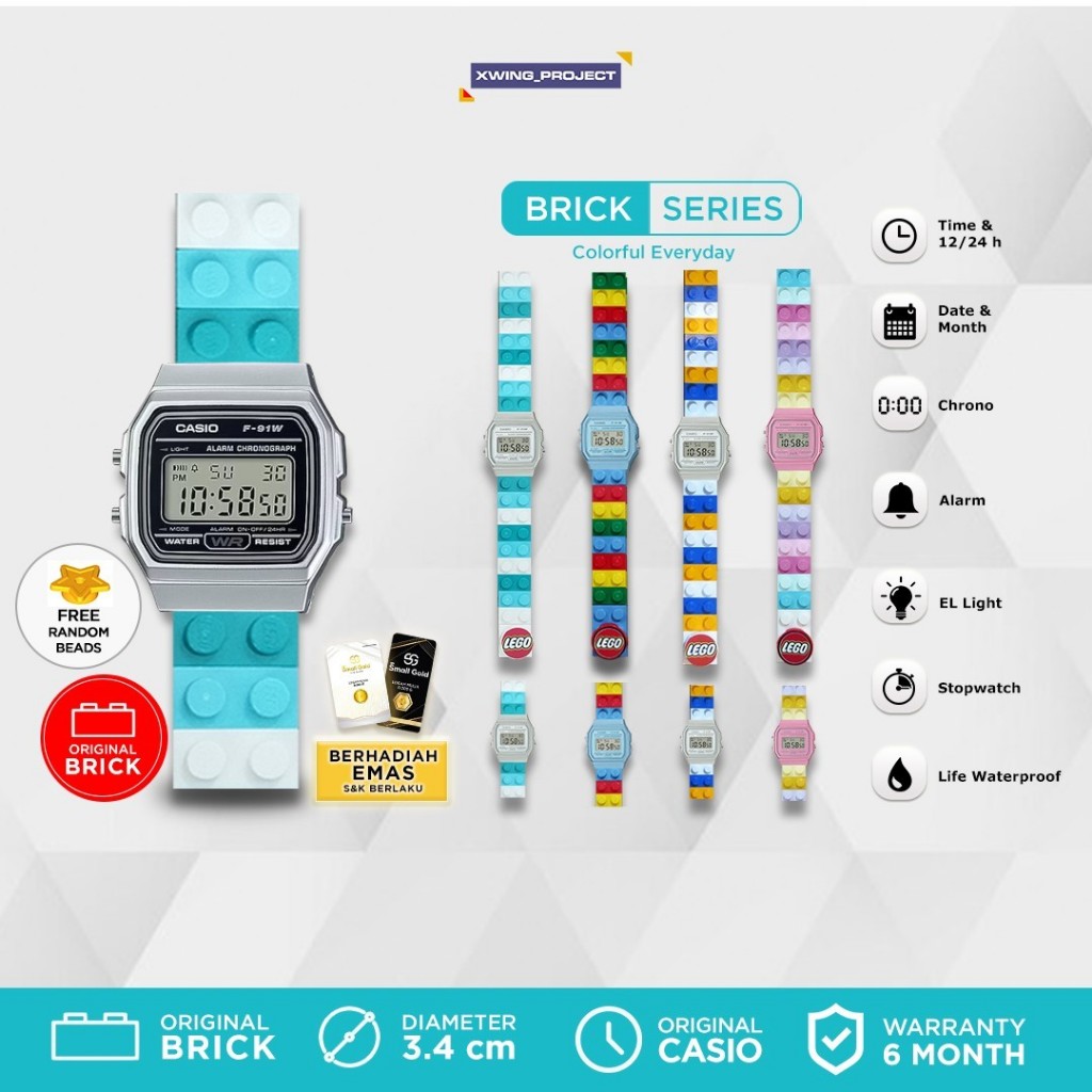 Jam Tangan Digital Custom Strap Brick Original Casio F-91WS/F91WS/F91/F91W Couple Wanita Pria Anak T