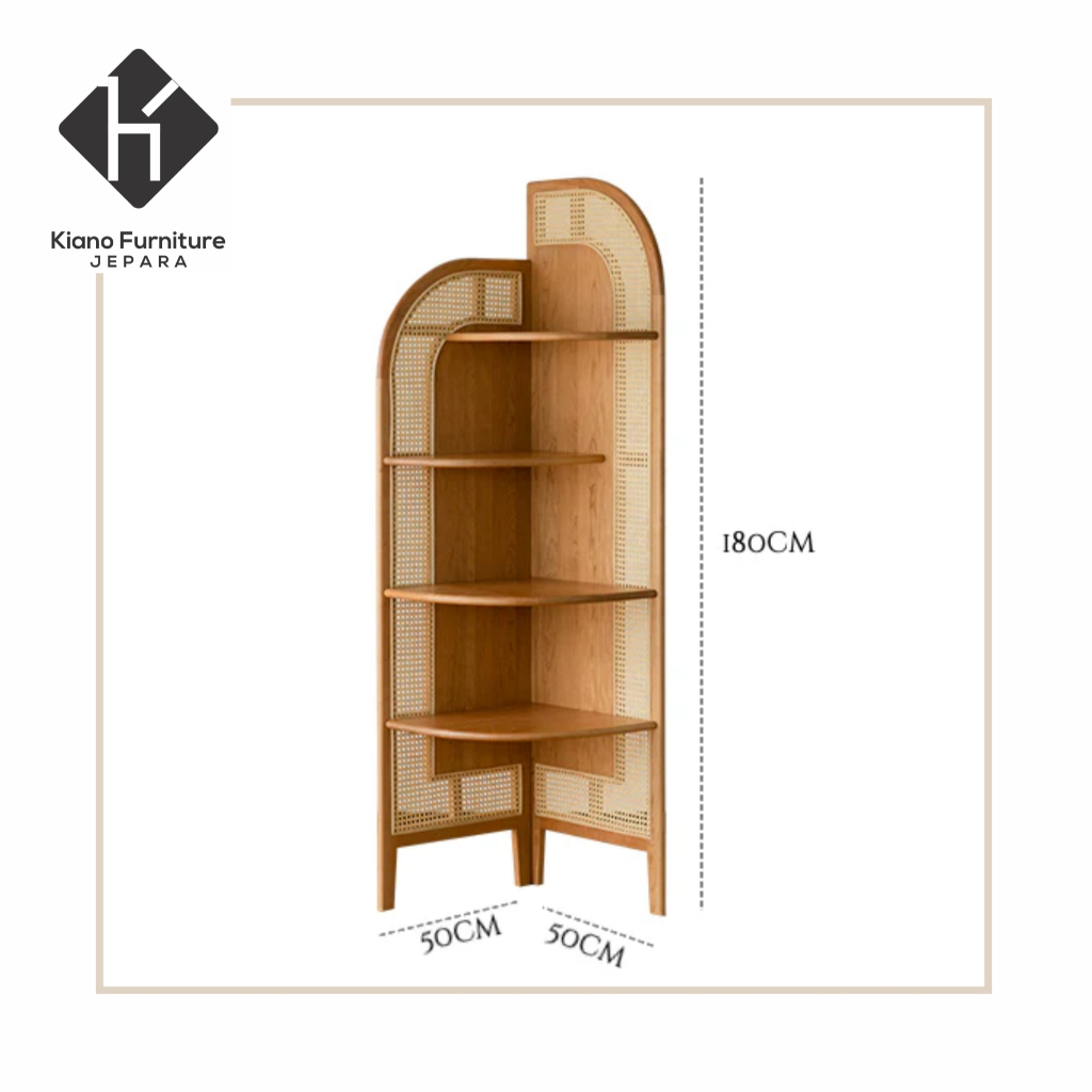 Rak Sudut Minimalis Modern Corner Shelf Rak Sudut Estetik Rak Kayu Jati dan Rotan