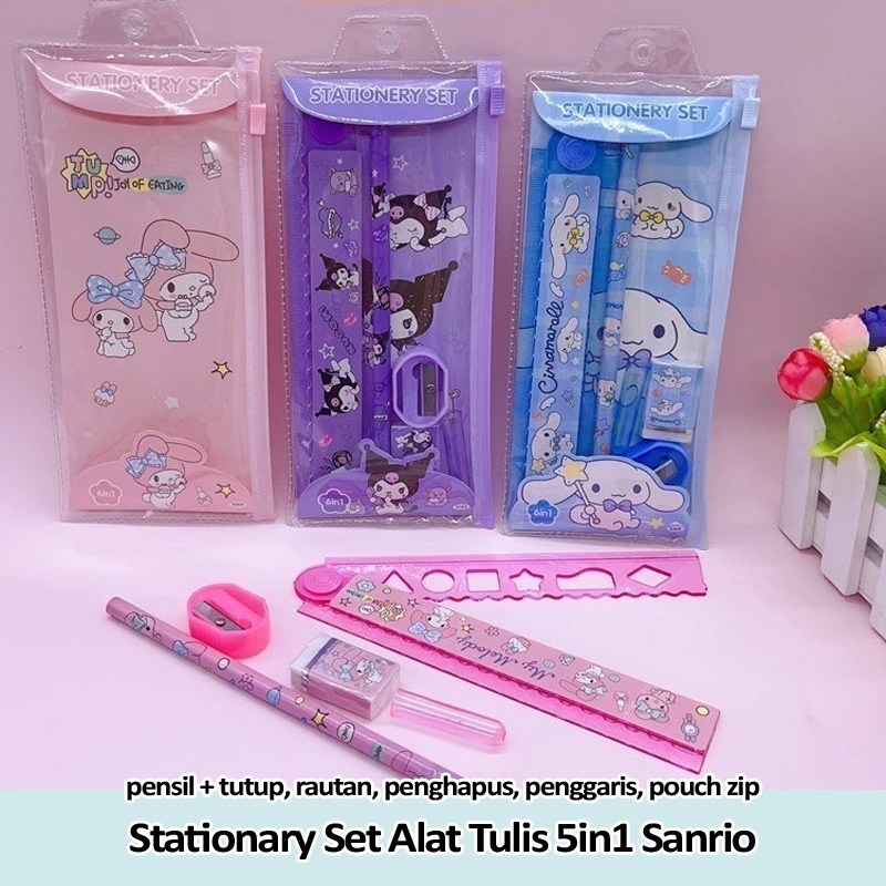 

Stationary Set alat tulis 5in1 Sanrio Kuromi Cinnamoroll Melody isi pensil penghapus rautan penggaris dengan plastik ziplock warna sangat cantik cocok untuk belajar anak sekolah PAUD Preschool TK SD