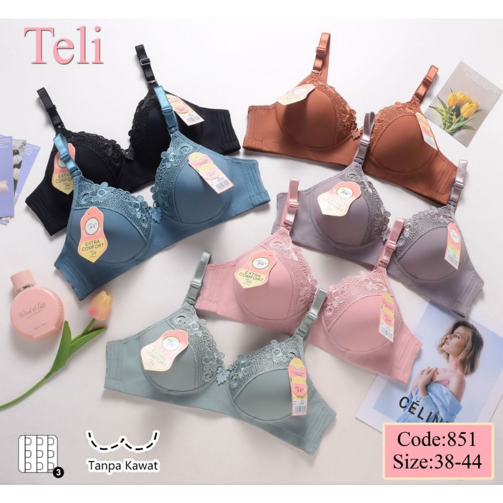(1 PCS) TELI 851 Bra Busa Tanpa Kawat 3 Kancing Import BH Termurah Wanita Dewasa Kutang Perempuan Ko