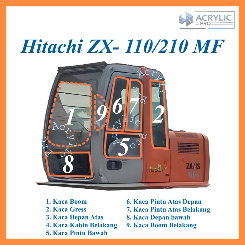 Kaca Alat Berat Excavator Hitachi ZX- 110/210 Mf