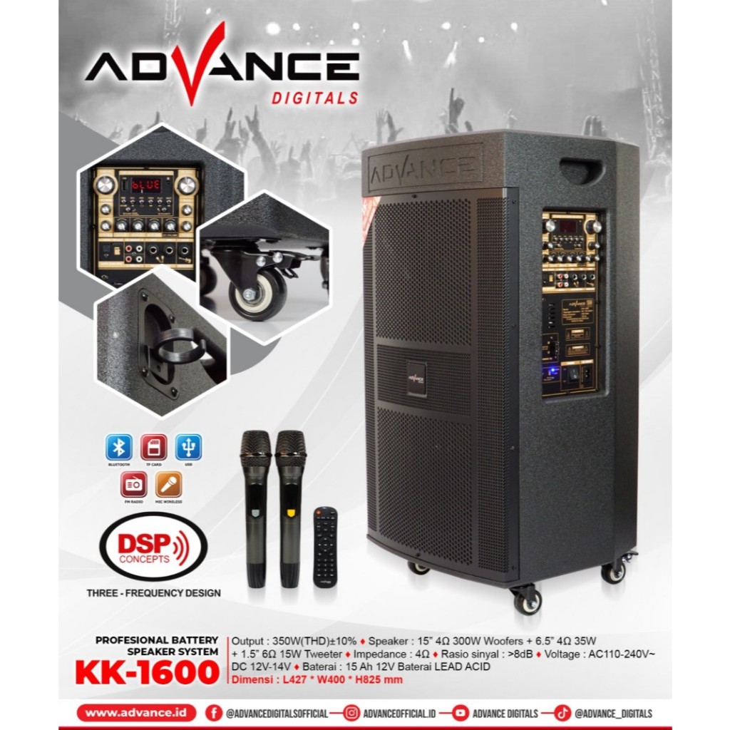 Speaker Portable Advance KK1600 KK-1600 15" Free 2Mic Wireless