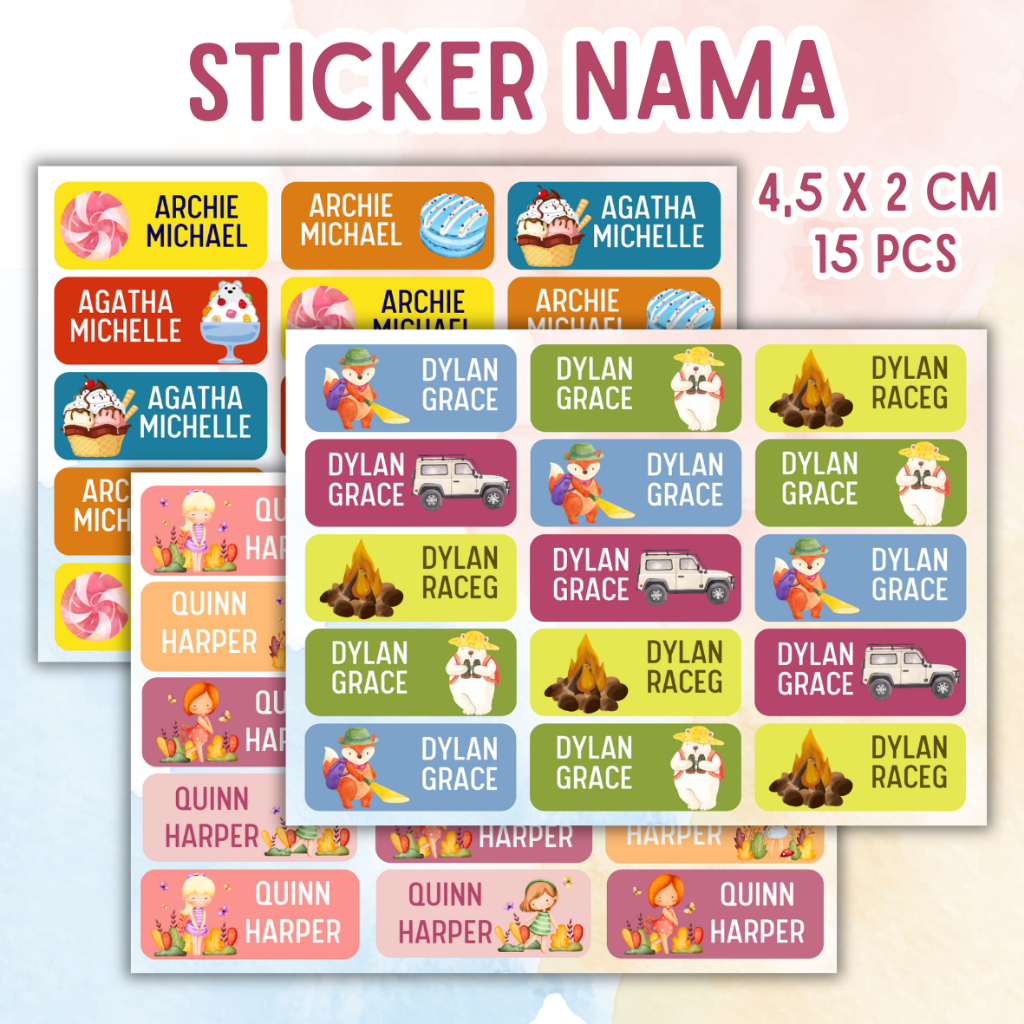 

STIKER NAMA LABEL NAME TAG 4,5 X 2 CM 15 PCS STATIONERY ALAT TULIS PERLENGKAPAN SEKOLAH HADIAH KADO SOUVENIR HAMPERS ULANG TAHUN ANAK