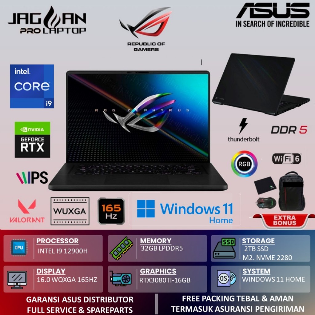 Laptop Asus Rog Zephyrus M16 GU603ZX Intel I9 12900H 32GB DDR5 2TB RTX3080TI 16GB 16.0 WQXGA IPS
