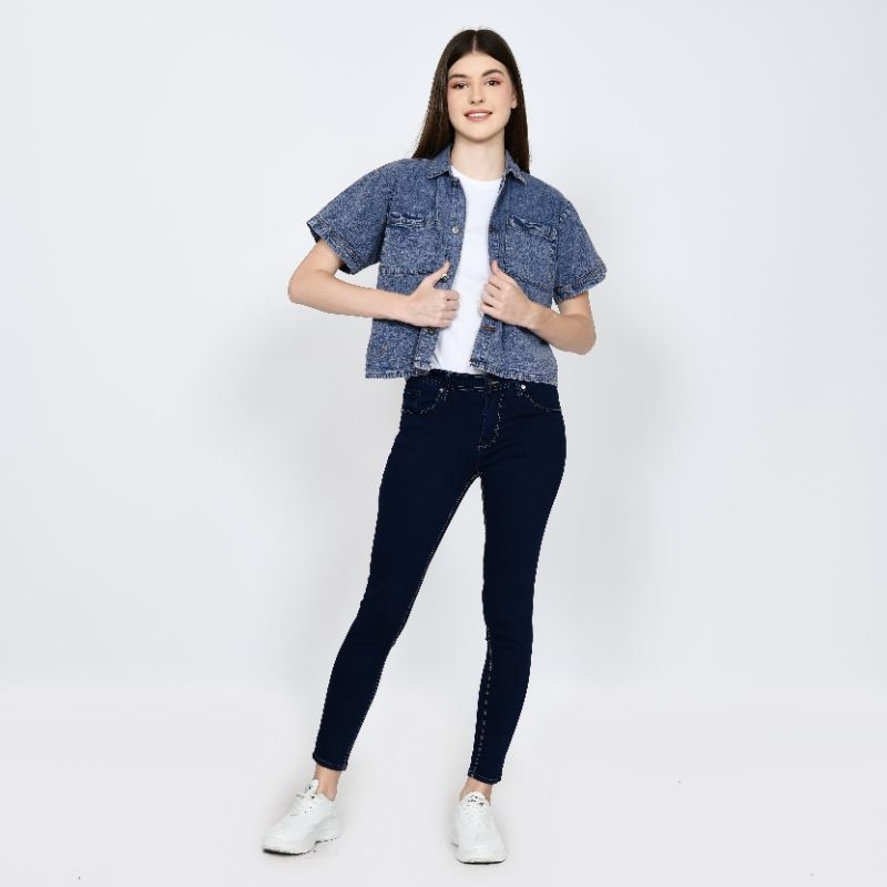 Kemeja Jeans Denim Atasan Wanita Lengan Pendek/Kemeja Jeans Crop