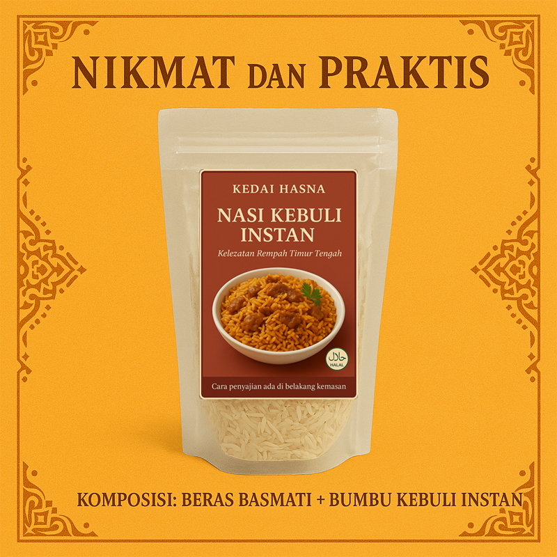 

Paket Lengkap Nasi Kebuli Instan Kedai Hasna - Beras Basmati 500g + Bumbu Rempah Asli