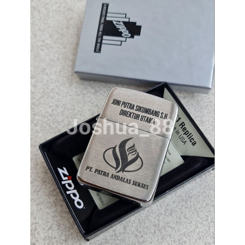 Zippo Original Custom Replika 1941 Silver Ukir Logo PT Putra Andalas Sukses Bisa Pesan Gambar Logo S