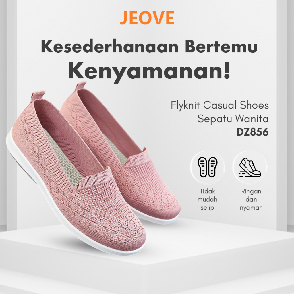 JEOVE Casual Shoes Sepatu Kets Rajut Wanita Flyknit DZ856 Warna Ungu Pink Hitam