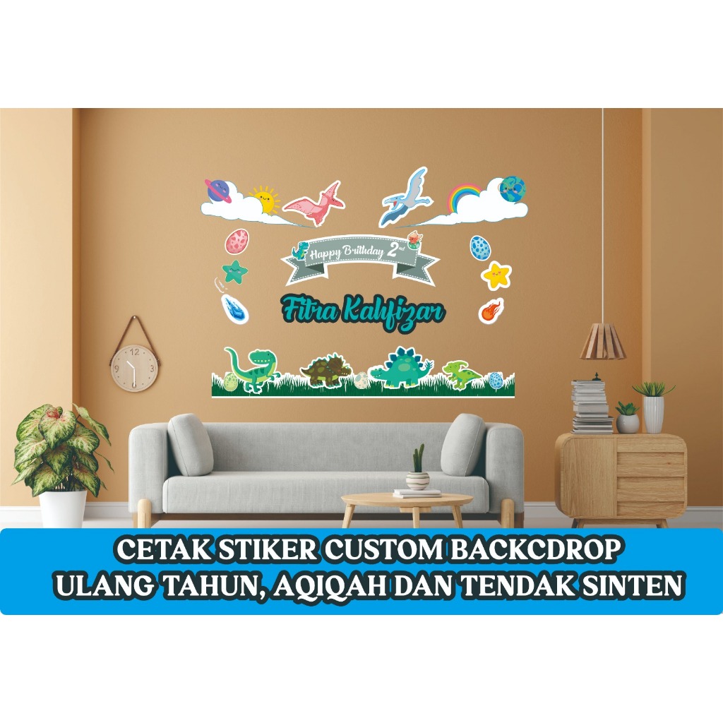 CETAK CUSTOM STIKER BACKDROP NAMA ULANG TAHUN, AQIQAH, TENDAK SINTEN, DLL TEMA DINO