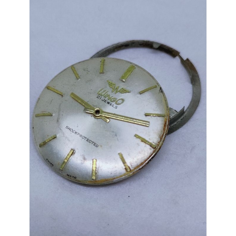 Mesin jam tangan antik wingo 21 jewels swiss made manual winding lengkap dial hand jarum dan dudukan