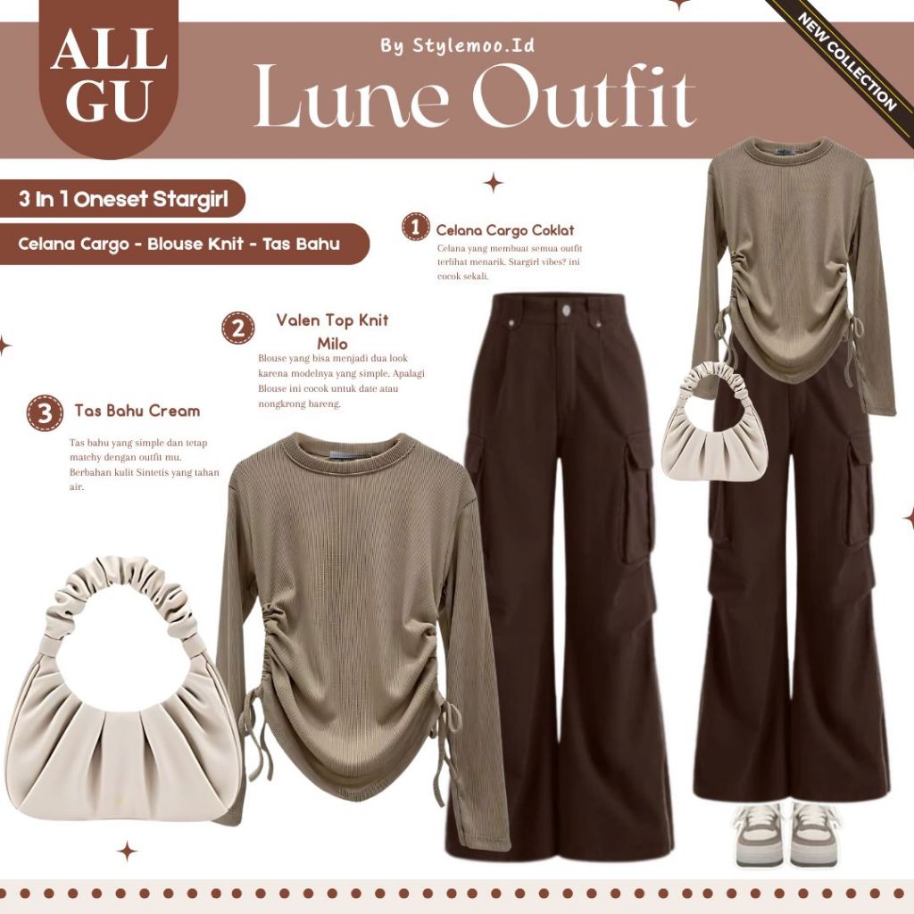 PAKET MURAH - Lune Outfit 3in1 Wanita |Celana Cargo Coklat, Blouse Knit Milo, Tas Bahu Cream| SM40