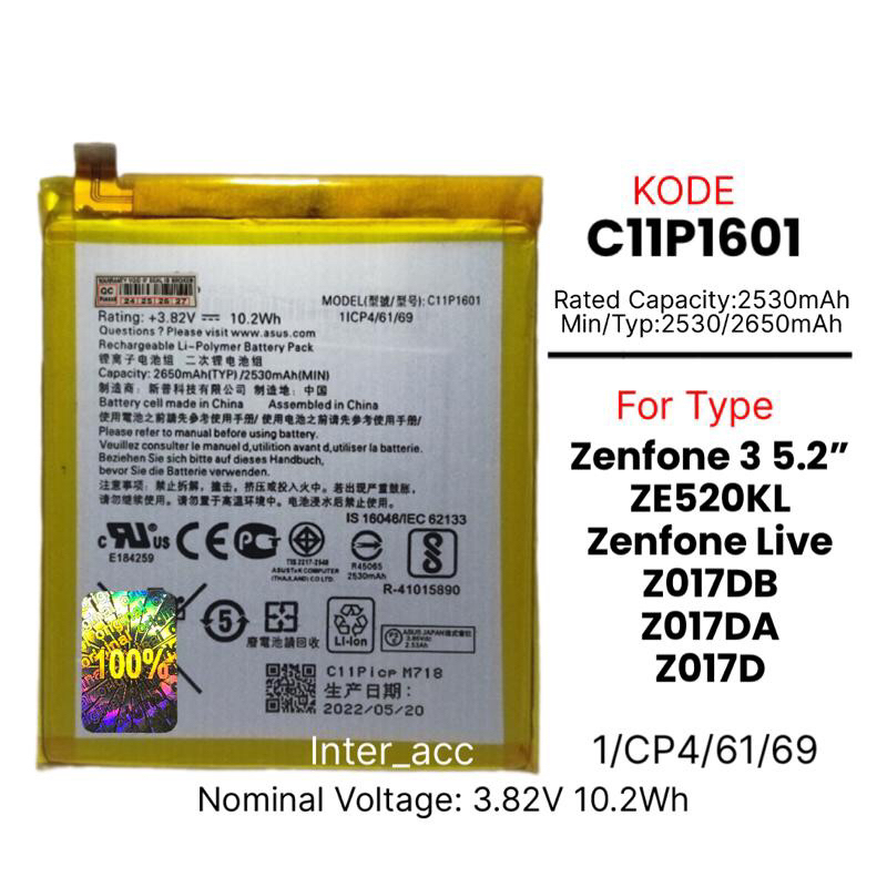 Baterai batre Asus Zenfone 3 5.2 inch ZE520KL Live ZE501KL C11P1601 batere