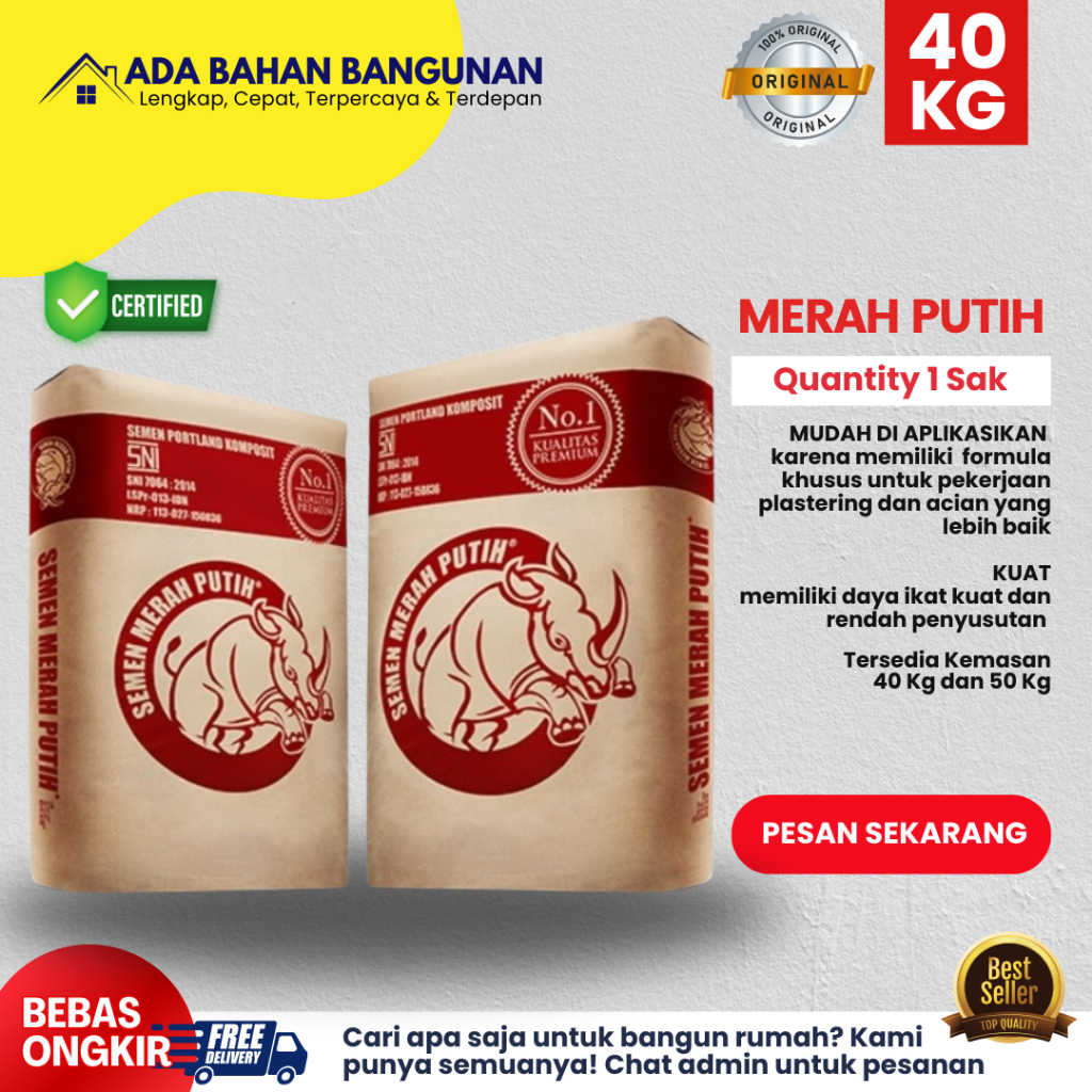 SEMEN MERAH PUTIH 40 KG | adabahanbangunan