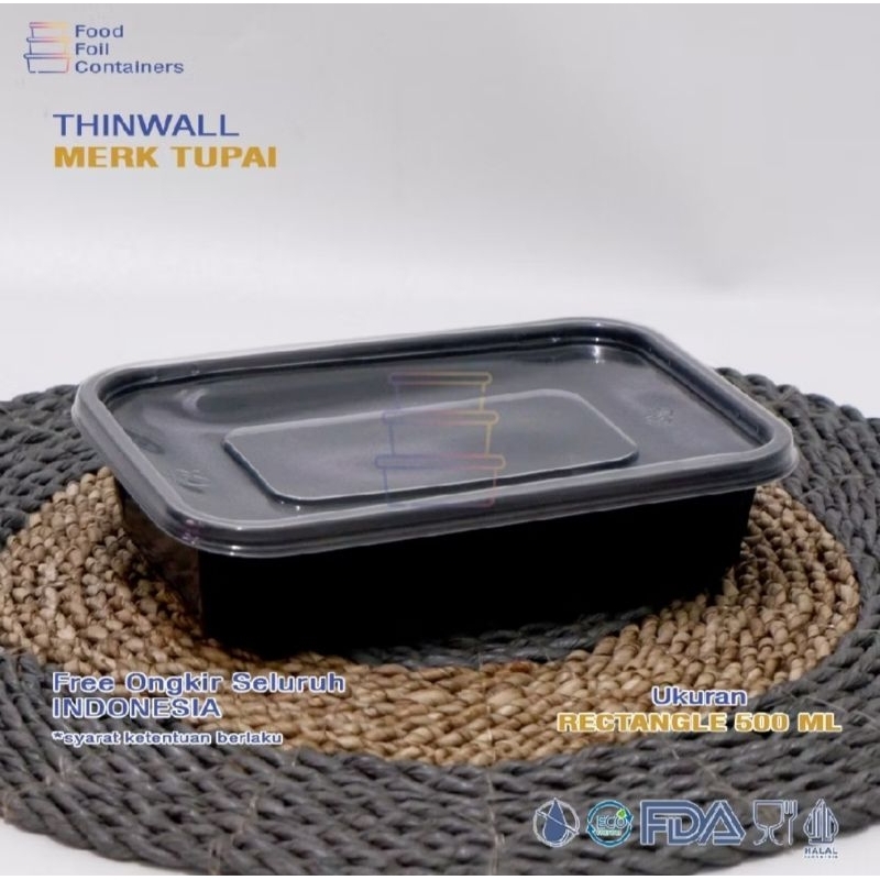 Thinwall Box Kotak 500 ml HITAM plastik isi 25 pcs / Thinwall mika 500 ml rectangle tupai termurah
