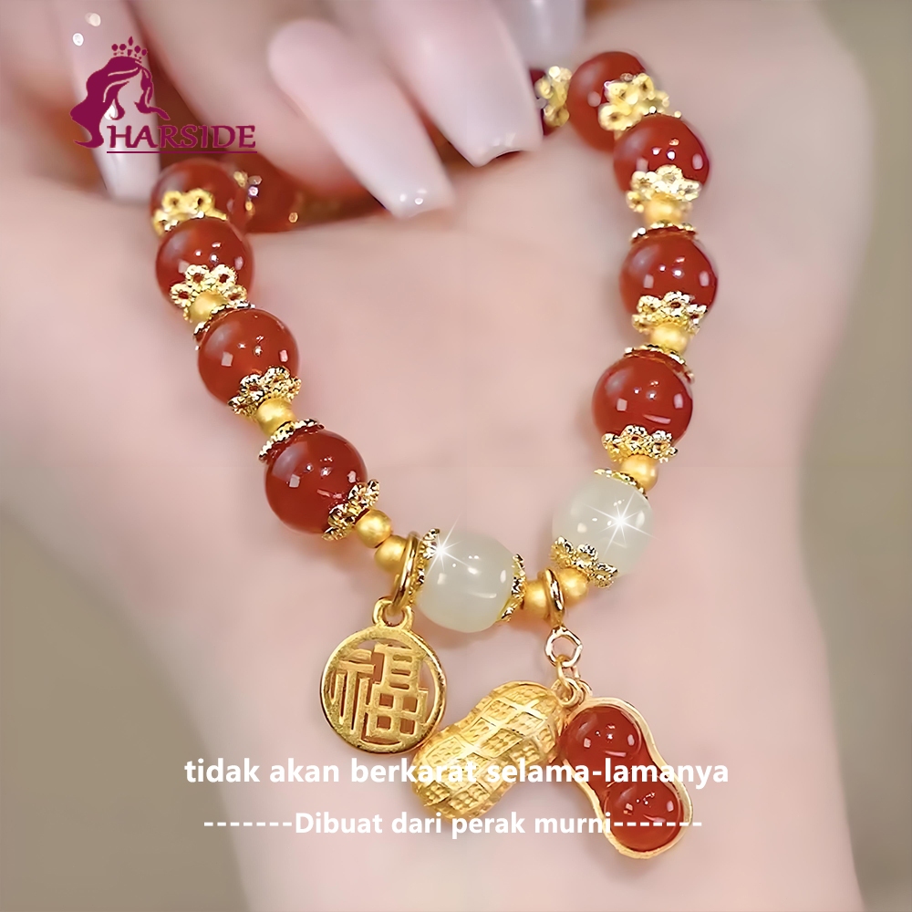 RB4 HARSIDE Gelang Giok Batu Kacang Titanium/Gelang Giok Kacang Wanita Berlapis Emas 18K Anti