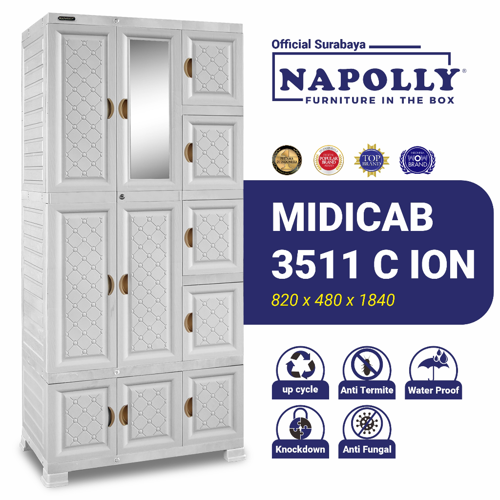 Napolly (Official Surabaya) - Lemari Pakaian Plastik 3 Tower Dilengkapi Kunci, Gantungan, Cermin, da