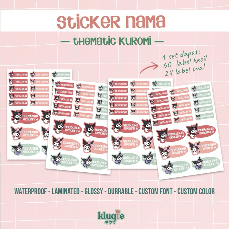 

Sticker Nama Custom Tematik kuromi label buku botol waterproof