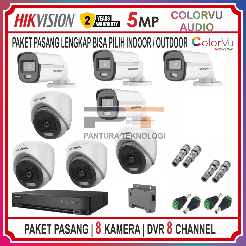 PAKET CCTV 8 KAMERA HIKVISION 5MP COLORVU AUDIO DVR 8 CHANNEL HUHI UP TO 8 MP LENGKAP SIAP PASANG
