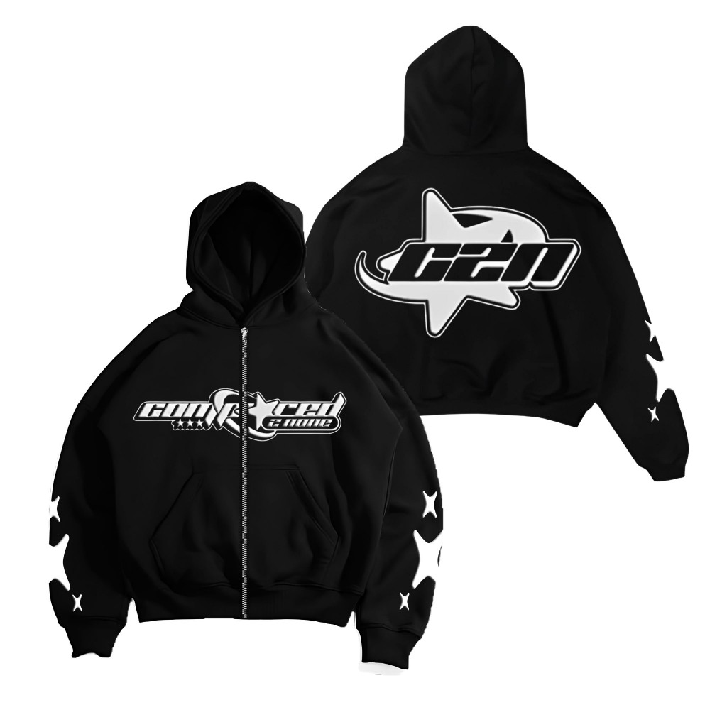 Sweater Hoodie Boxy Starboy Motif C2N Premium / Hoodie Zipper Boxy Hitam Fleece