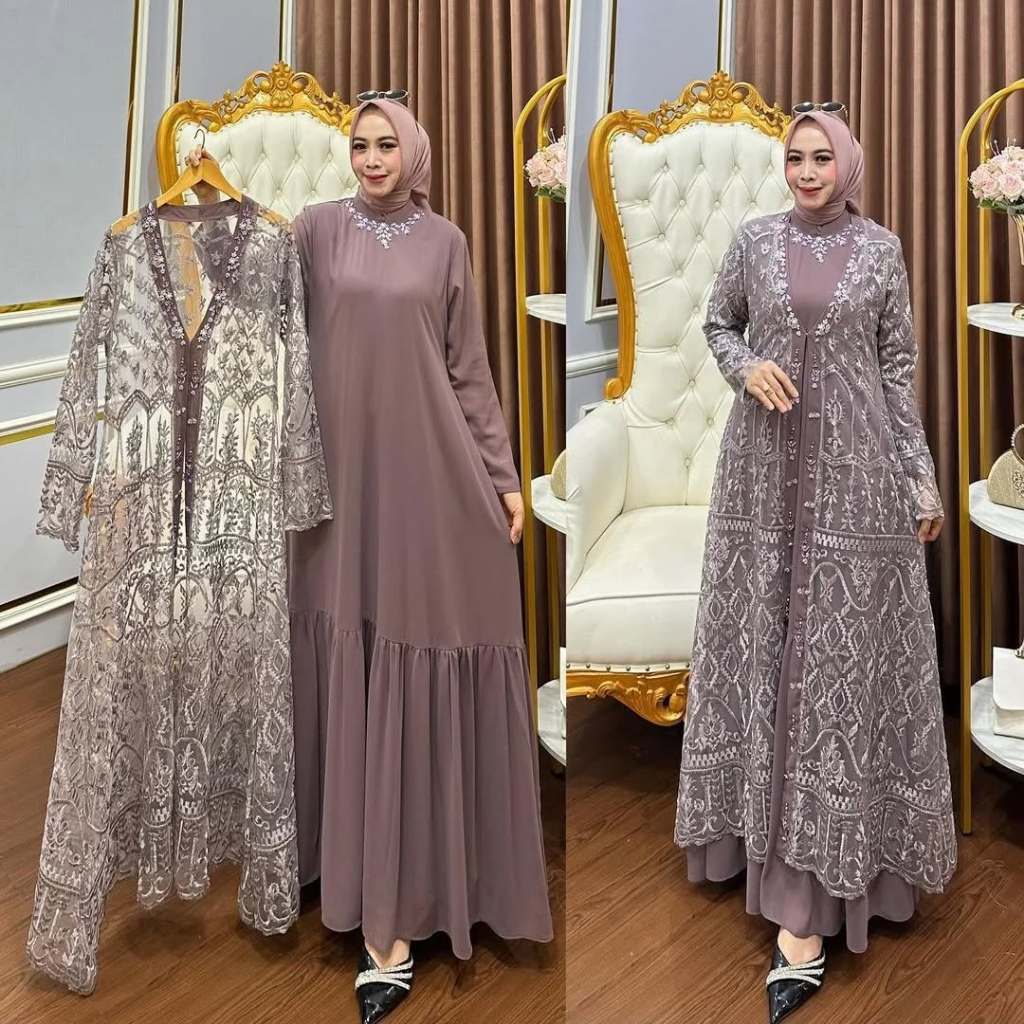 Arimbi Set Gamis Outer Brokat Kekinian 2024 Bahan Ceruty Babydoll Mix Payet Busana Muslim Wanita Gau