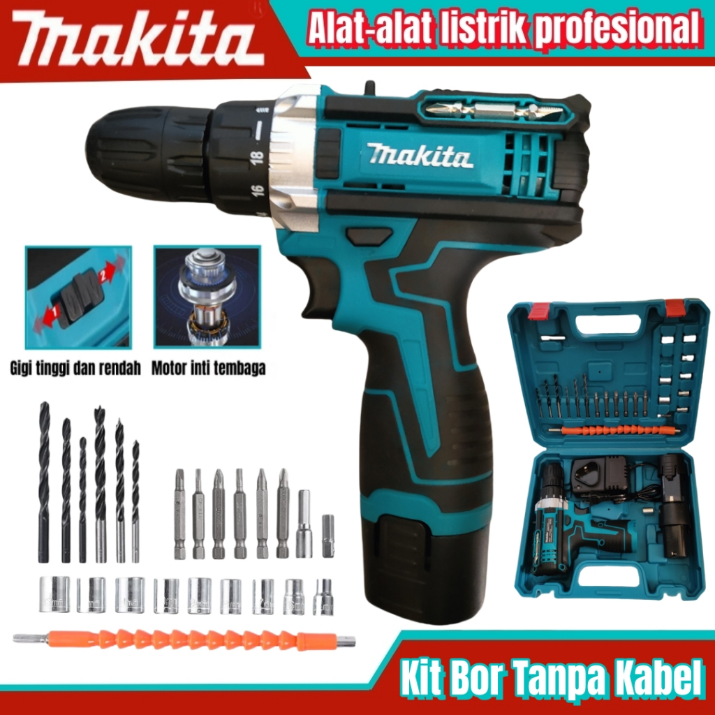 Bor Tanpa Kabel Makita 36V Impact Bor Obeng Listrik Multi-alat Dilengkapi Dengan Set lengkap Alat Bo