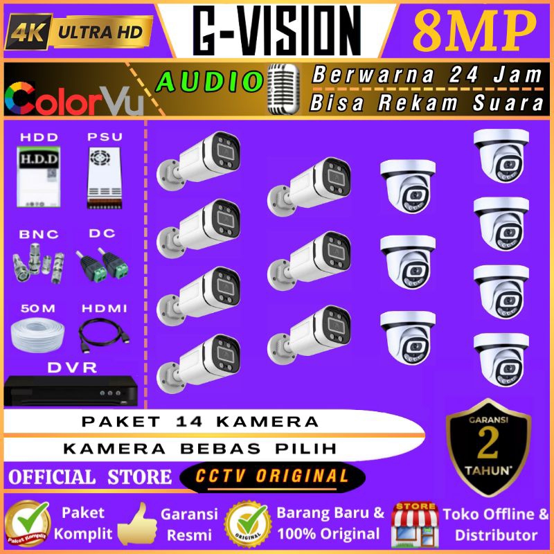 PAKET  CCTV  14  KAMERA  COLORVU  AUDIO  LENGKAP  -->  8MP  ULTRA  HD  (4K)