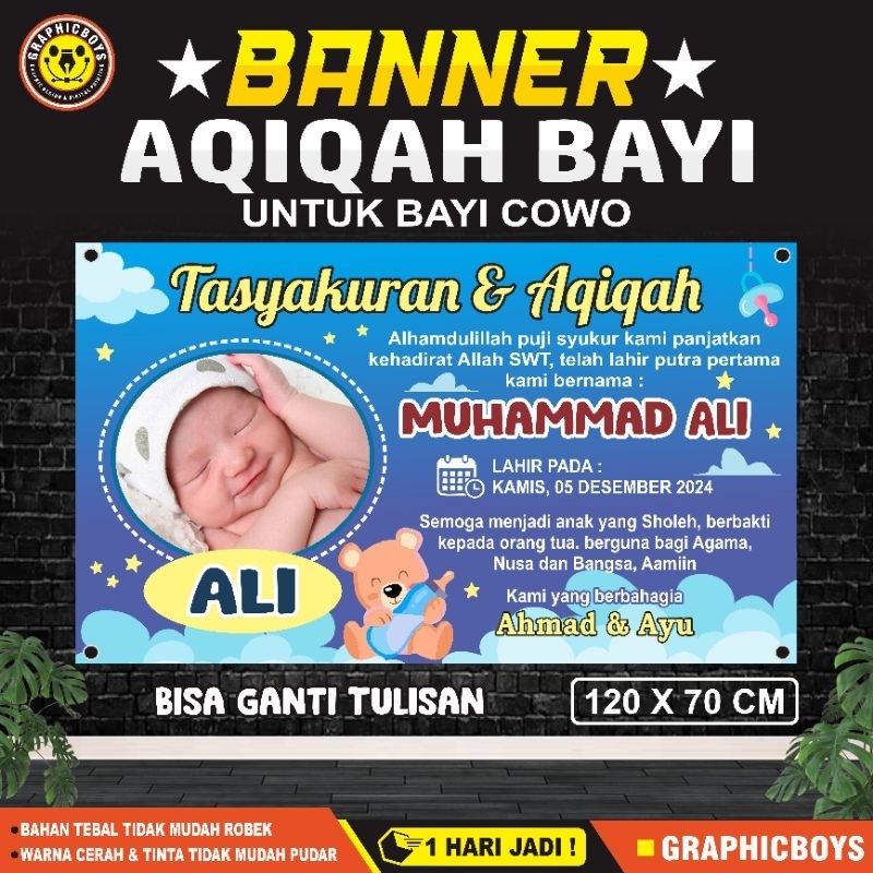 Spanduk Tasyakuran Aqiqah Bayi Cowo, Banner Tasyakuran Aqiqah Bayi Cowo Ukuran 120 X 70 Cm