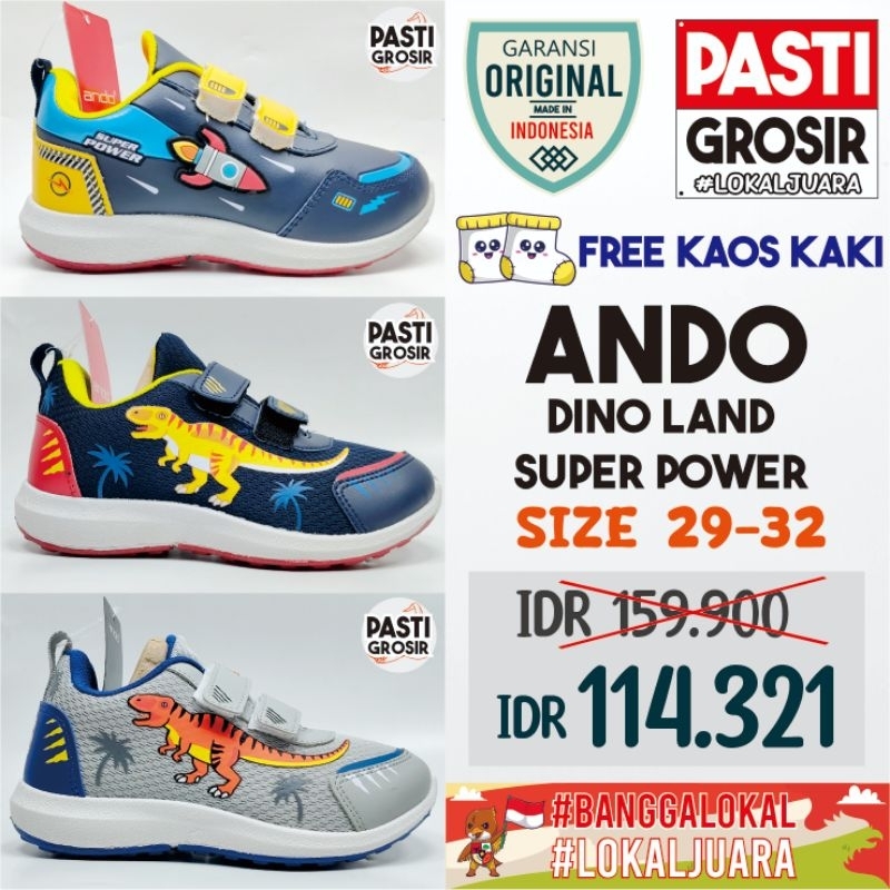 Ando Perekat Anak Cowok Karakter Ukuran 29-32 Dino Land Hitam Abu Biru Sepatu Ando Karakter Sepatu A