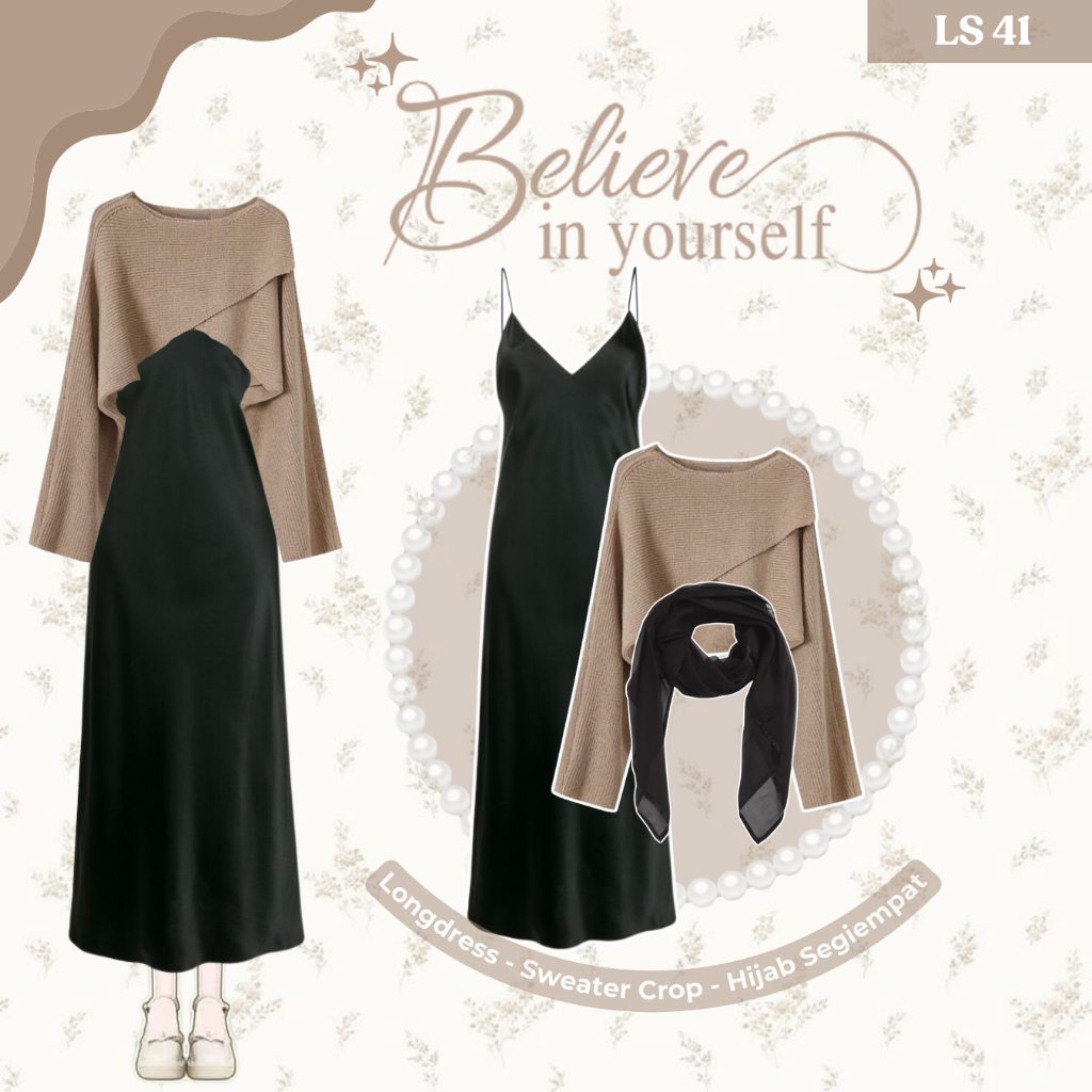 One Set Wanita Kekinian | OOTD Dress Well (Sweater Shea Rajut Cream, Longdress Satin Hitam, Hijab Se