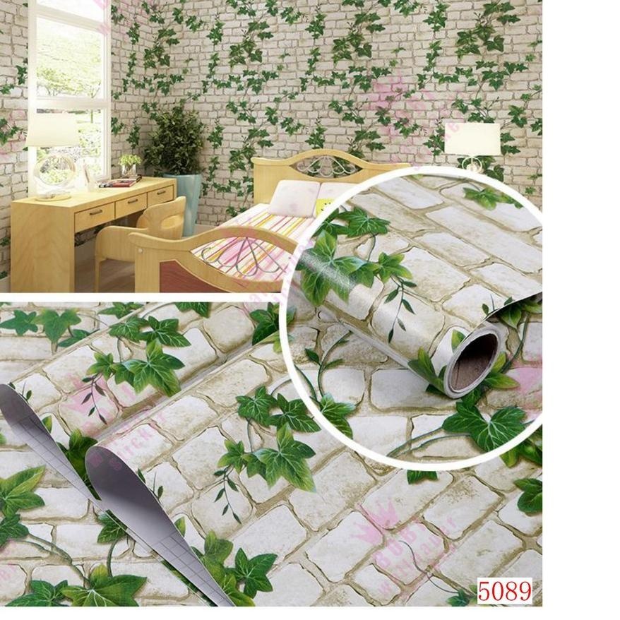 Wallpaper stiker dinding motif batu bata putih daun l tahan air l anti jamur l 5089