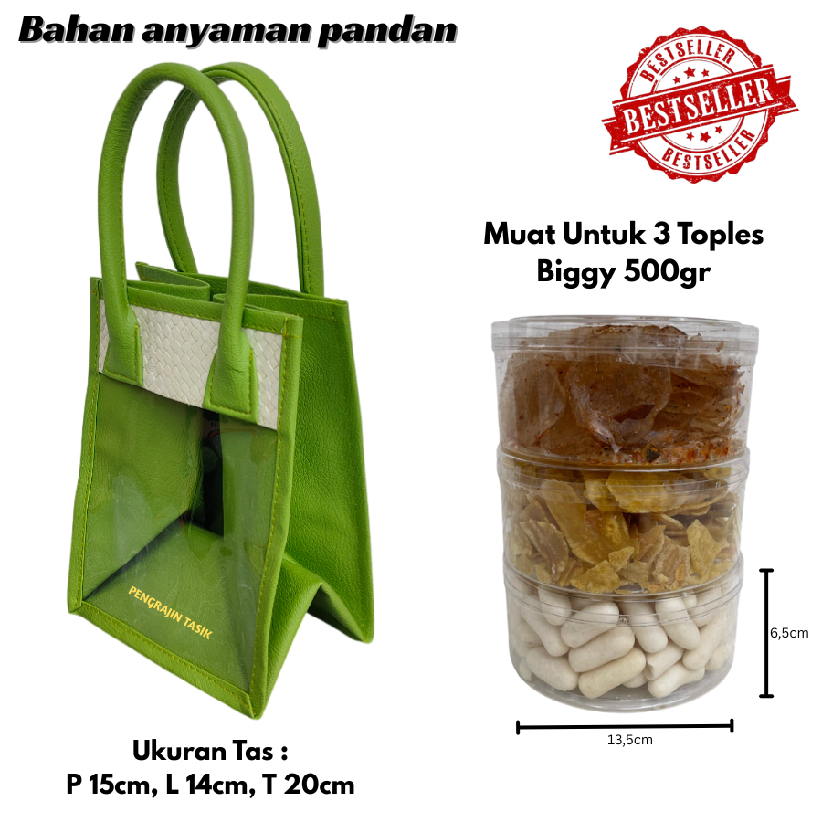 Tas Hampers Mika Anyaman (Hijau) Isi 3 Toples Keranjang Parcel Anyaman Pandan