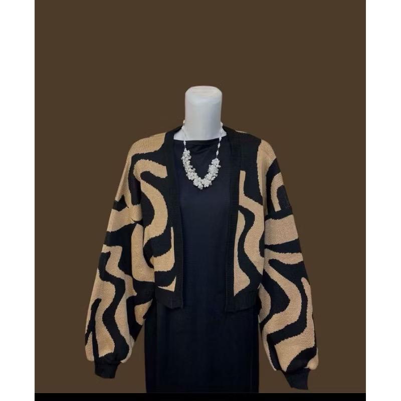 Cardigan Crop Rajut Motif Abstrak Outer Wanita Lengan Panjang Bahan Akrilik Lembut All Size