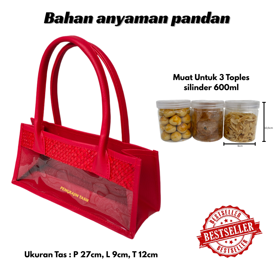

Tas Parcel Mika Anyaman (Merah) Untuk Isi 3 Toples Model Panjang