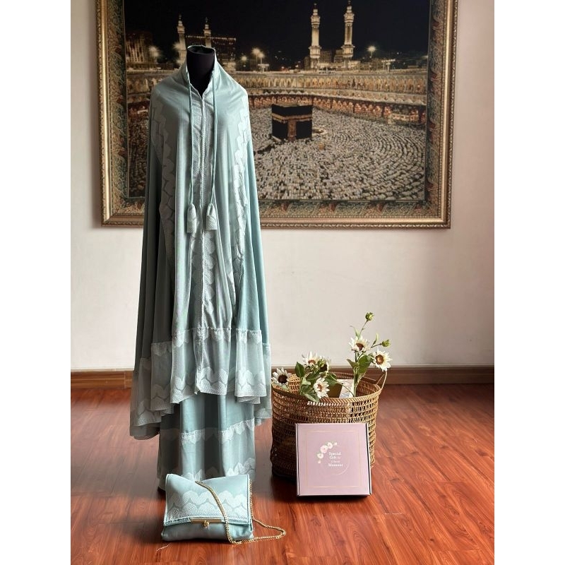 Mukena Zara Premium (tas rantai) hijau wardah renda ombak