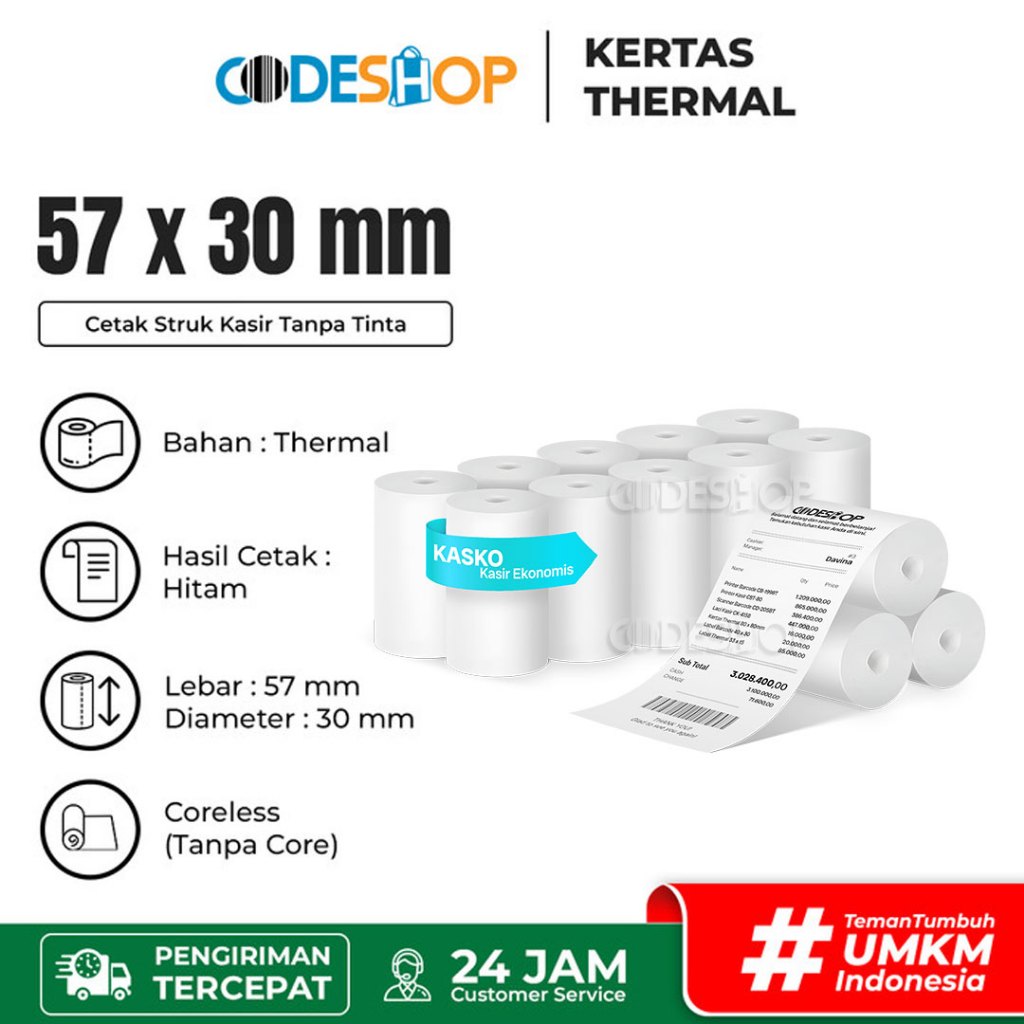 

Kertas Thermal 57 x 30 Paper Printer Kasir 57x30 mm Receipt Struk Termal 57x30mm Hasil Cetak Hitam 10 Roll
