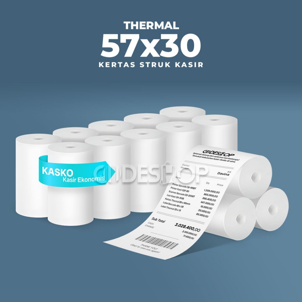 

Kertas Thermal 57x30mm Paper Receipt 57 x 30 mm Struk Nota 57x30 Kasko Kasir Ekonomis 10 Roll