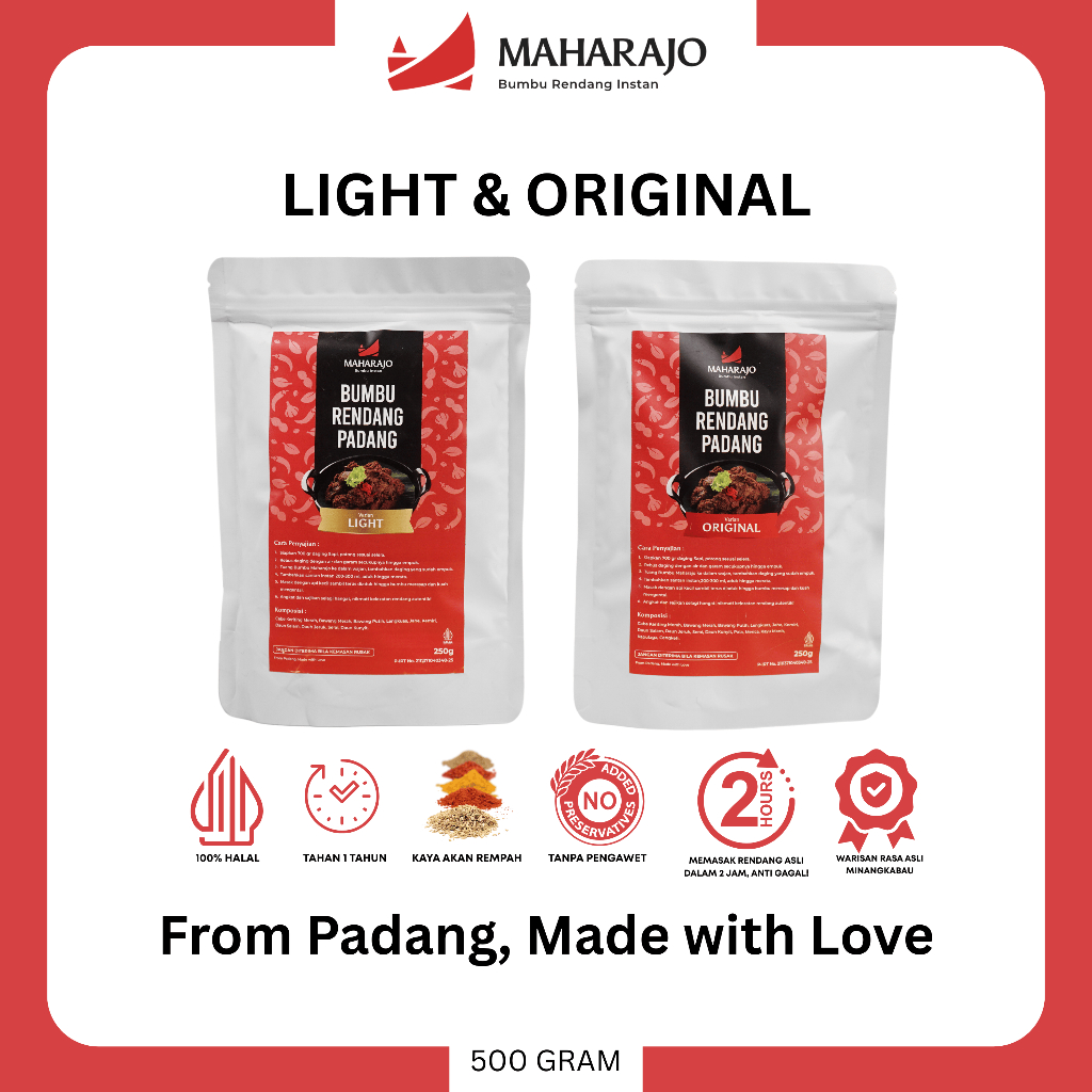

[2 POUCH Campur] Maharajo Bumbu Rendang Instan 500g – Bumbu Rendang Padang Asli Minang, Praktis, Cepat, Tahan Lama, Pasterisasi, Tanpa Pengawet, No MSG, Halal, Mudah Dimasak, Cocok untuk Daging, Ayam, Rasa Autentik, Premium, Best Seller