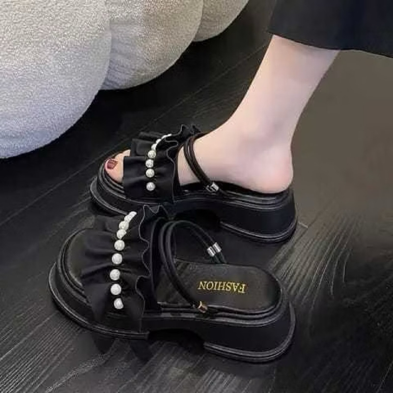 Sandal Wedges Tali Terbaru Mutiara Kerut Sandal Wanita terbaru