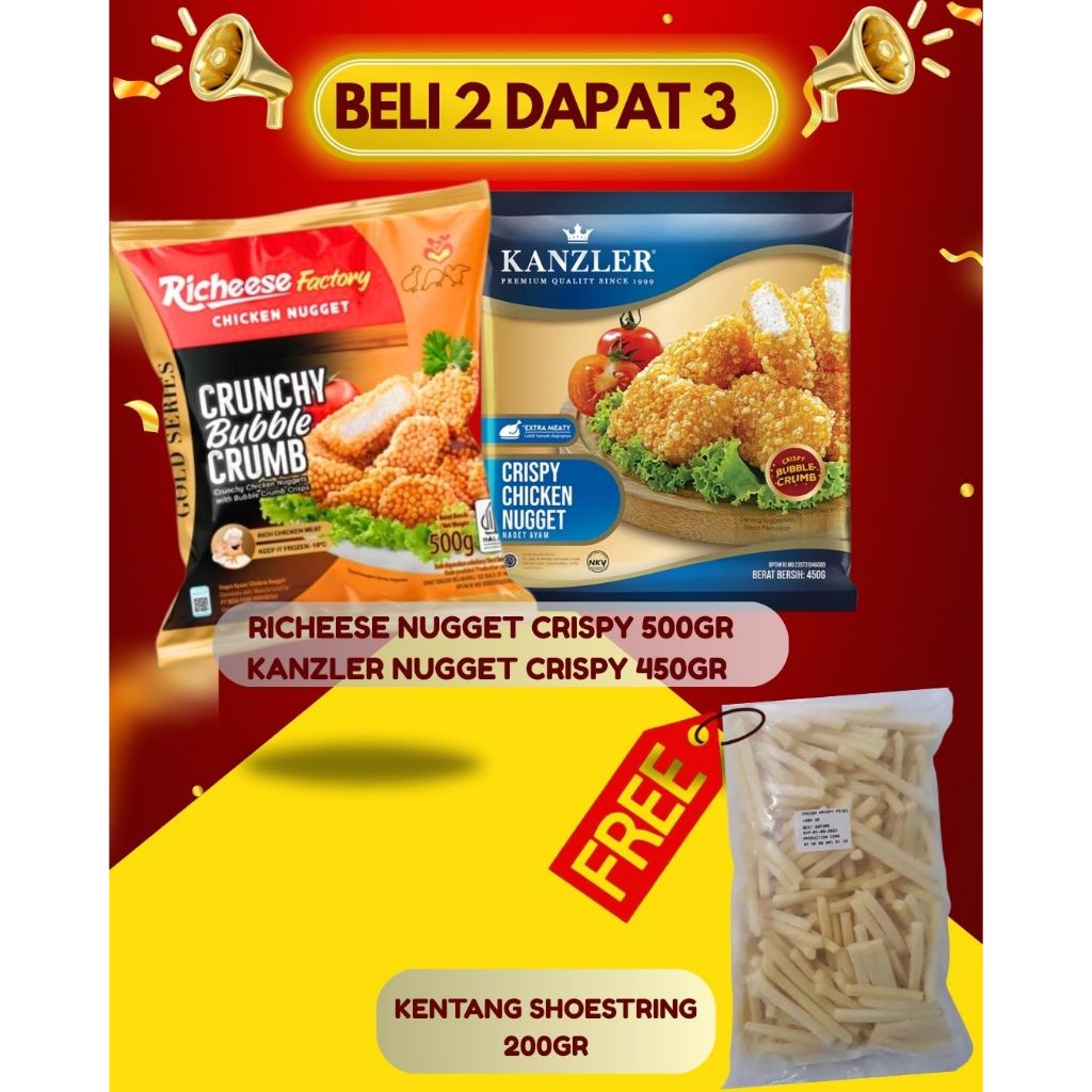 

BELI 2 DAPAT 3 RICHEESE NUGGET CRISPY 500GR + KANZLER NUGGET CRISPY 450GR FREE KENTANG SHOESTRING 200GR