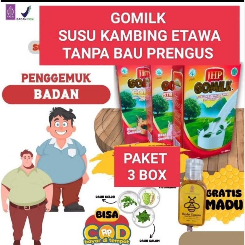 

(free madu/jahe)(Exp LAMA) PAKET 3 BOXGOMILK KAMBING ETAWA PLUS HERBAL UNTUK MENGGEMUKAN BADAN