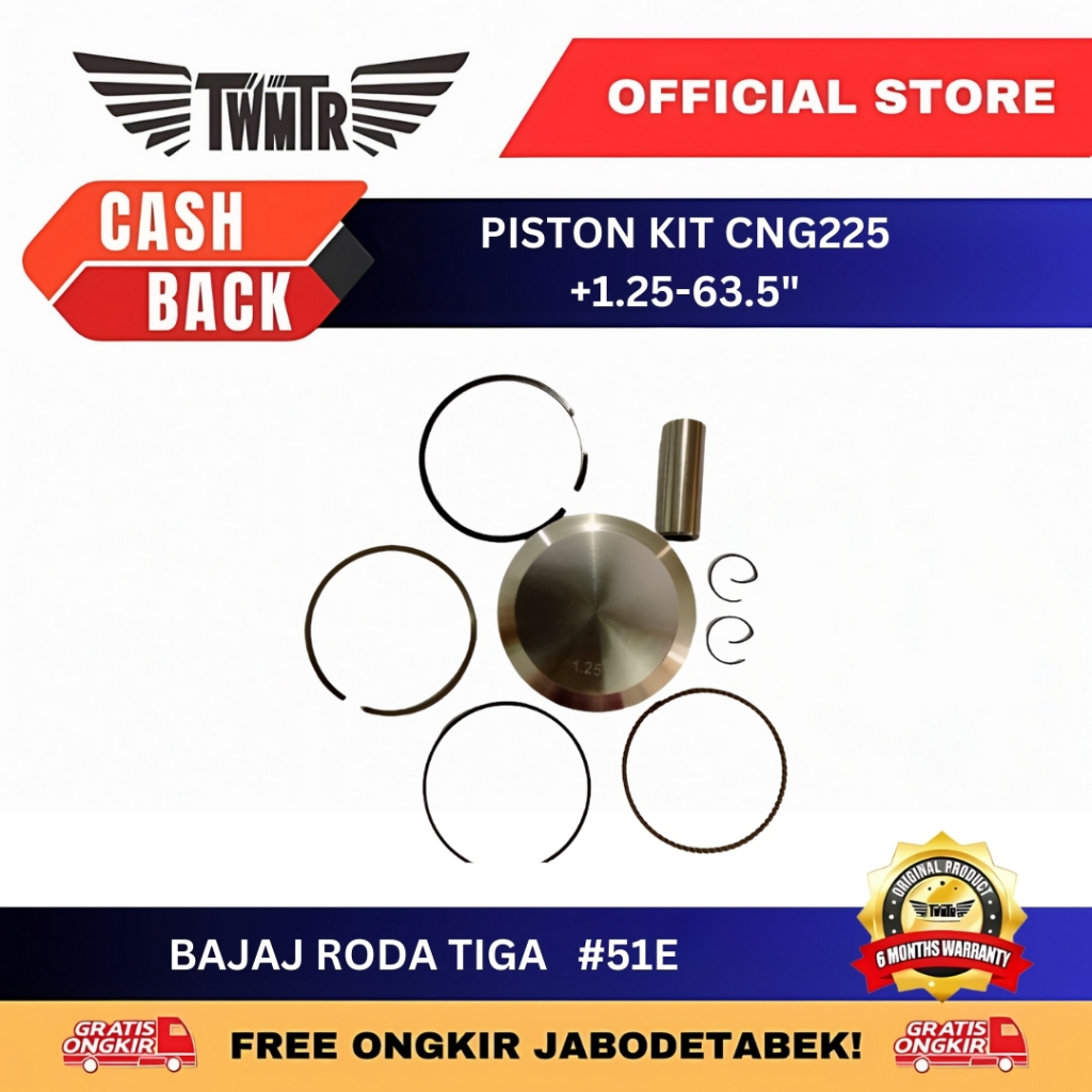 TWMTR 51E - PISTON KIT CNG225 +1.25-63.5"/ PISTON BAJAJ CNG225 OS 1.25 SEHER SET - SPAREPART MOTOR R