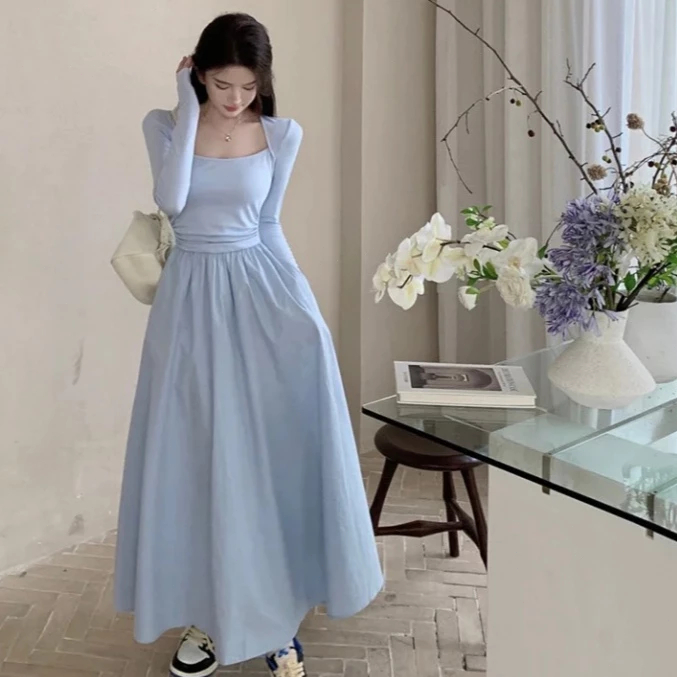 Gaun lengan panjang biru muda, gaun panjang wanita, gaun gaya Korea, gaun lengan panjang wanita eleg
