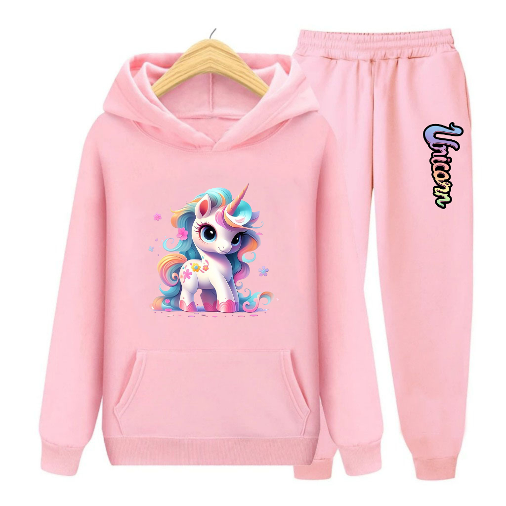 GG Setelan Sweater Hoodie Kantong Anak Remaja Gambar Atasan Dan Celana Unicorn Flower