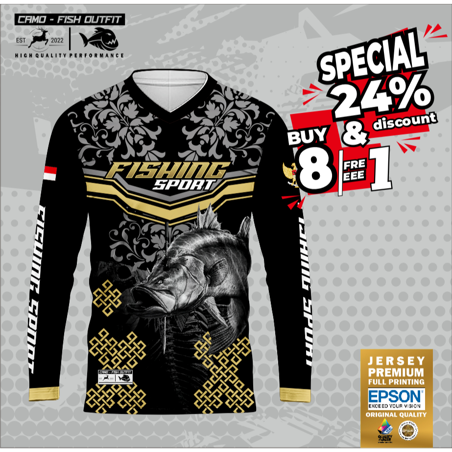 Baju Jersey custom mancing DRIFIT PREMIUM motif FLOWER PATTERN BARAMUNDI BLACK