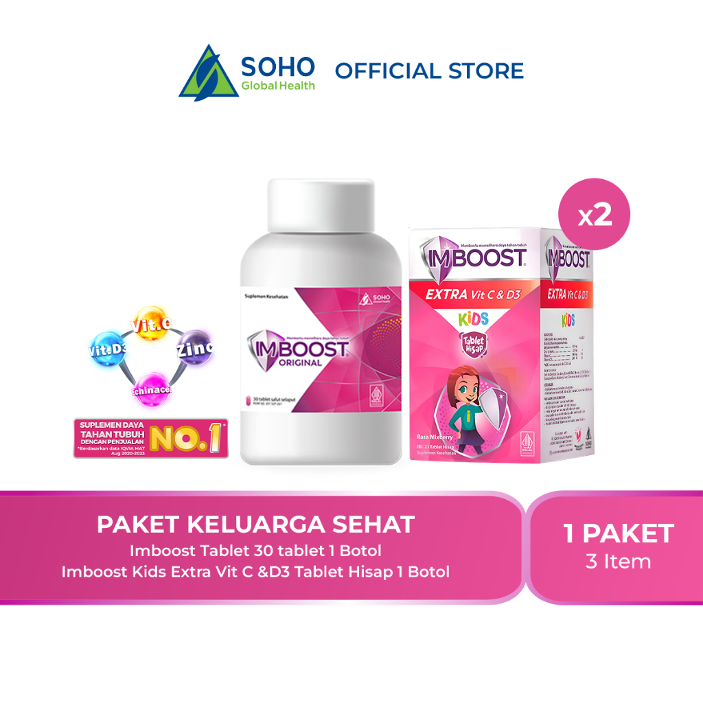 Paket Keluarga Sehat - Imboost Tablet 30 tablet 1 Botol dan Imboost Kids Extra Vit C &D3 Tablet Hisa