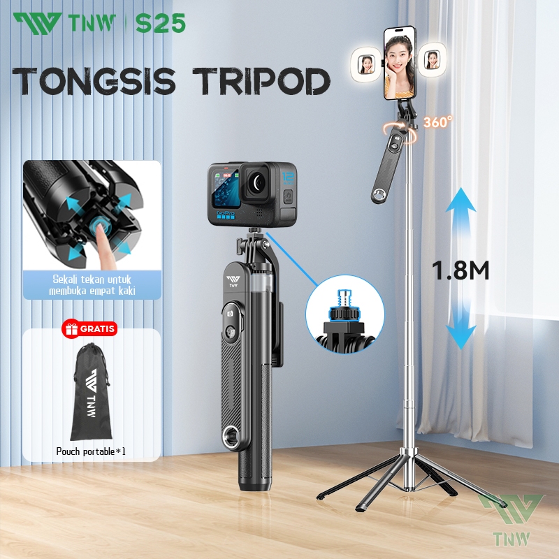 TNW S25 180cm Bluetooth Tongsis Tripod Selfie Stick with Remote Portabel Tripod Dengan 1/4 Adaptor U