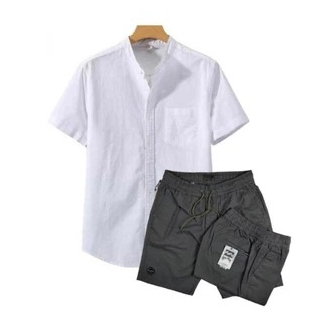 OneSet Pria Kemeja Putih Polos Pendek Celana Pendek Boardshort Setelan Pria Outfit Pria 1Set Lengkap