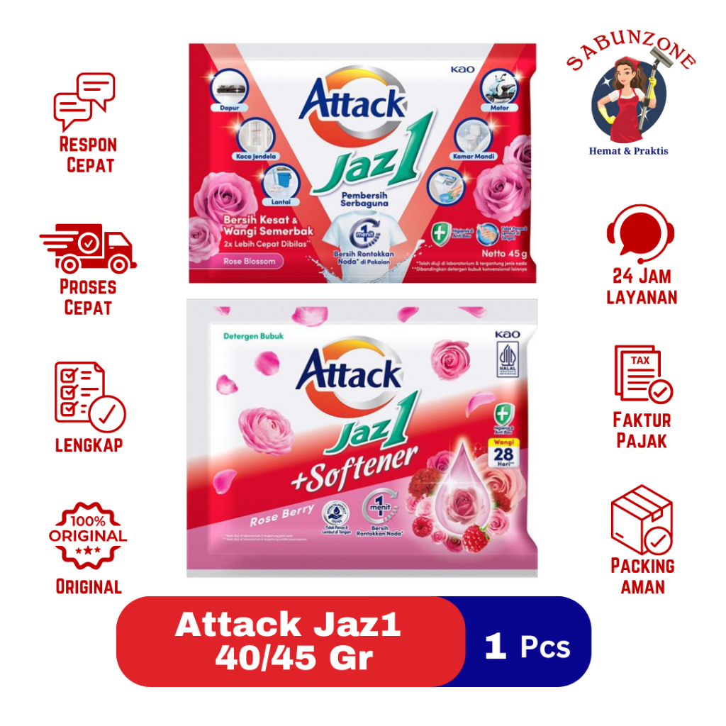 Deterjen Bubuk Attack Jazz1 Cinta Detergen Serbaguna 45 Gr / Softener Roseberry 40 gr