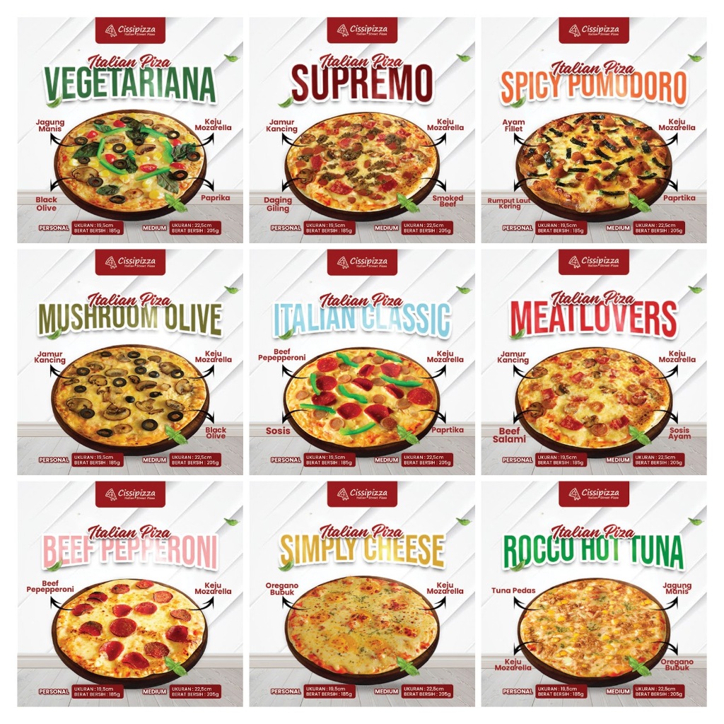 

CISSI Italian Pizza Frozen – Meat Lovers, Pepperoni, Cheese, Mushroom, Signature, Supremo, Rocco