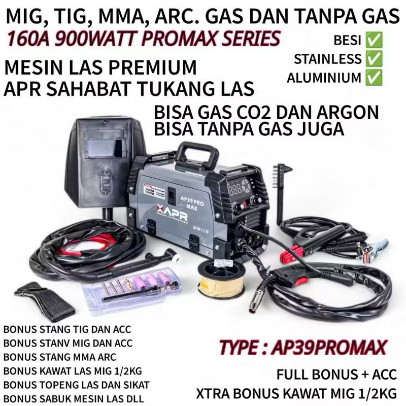 Raja mesin las APR AP39 PRO MIG TIG MMA ARC 130A 900WATT garansi 5thn full bonus welding machine